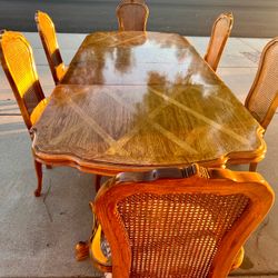 Vintage Marquetry Pedestal Dining Table and 6 Cane Back Chairs