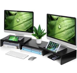 AMERIERGO Dual Monitor Stand -Adjustable Length and Angle Dual Monitor Riser, Computer Monitor Stand w/2 Slot, Desktop Organizer, Monitor Stand Riser 