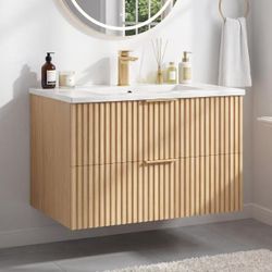 30-inch floating bathroom sink with basin, wall-mounted, oak texture, natural wood color