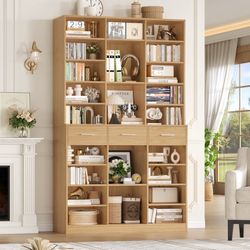 75'' Tall Bookcase with Adjustable Shelves, 3 Drawers Display Bookshelf For Living Room, Home Office, Natural Color