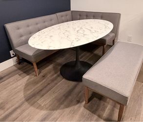 Oval Marble Top Tulip Dining Table with Banquette and Bench
