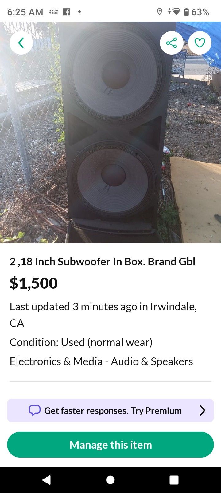 2 ,18 Inch Subwoofer In Box. Brand Gbl