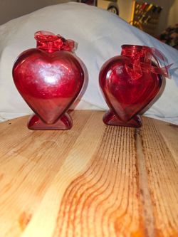 Red Heart Glass Bottles with Ribbons- Set of 2