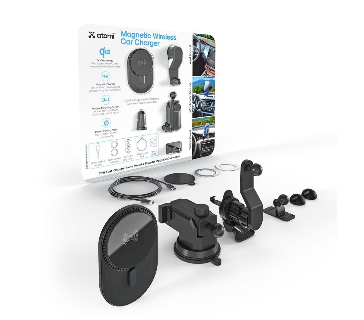 Atomi Qi2 Wireless Car Charging Kit, Three Mounting Options Brand New In Box