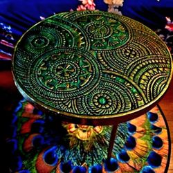 Vintage Brass Mandala Peacock Accent Side End Table Teal Blue Gold 18"×22.5"