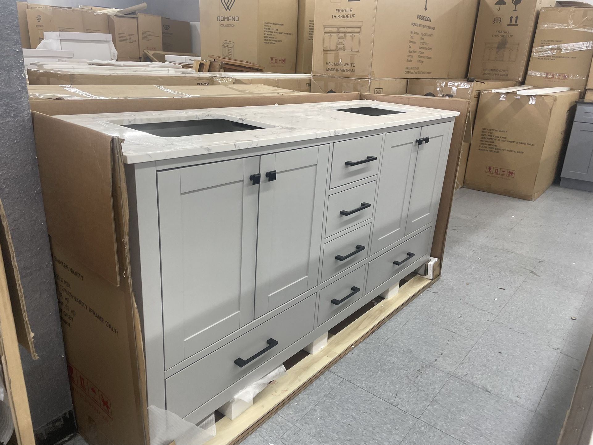 Bathroom Vanity Cabinet 72” Solid Mango Quartz Top With Sinks And Backsplash