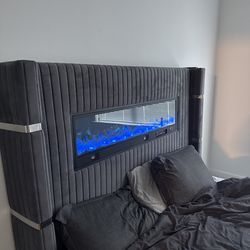 Queen size bed frame with fireplace and bluetooth