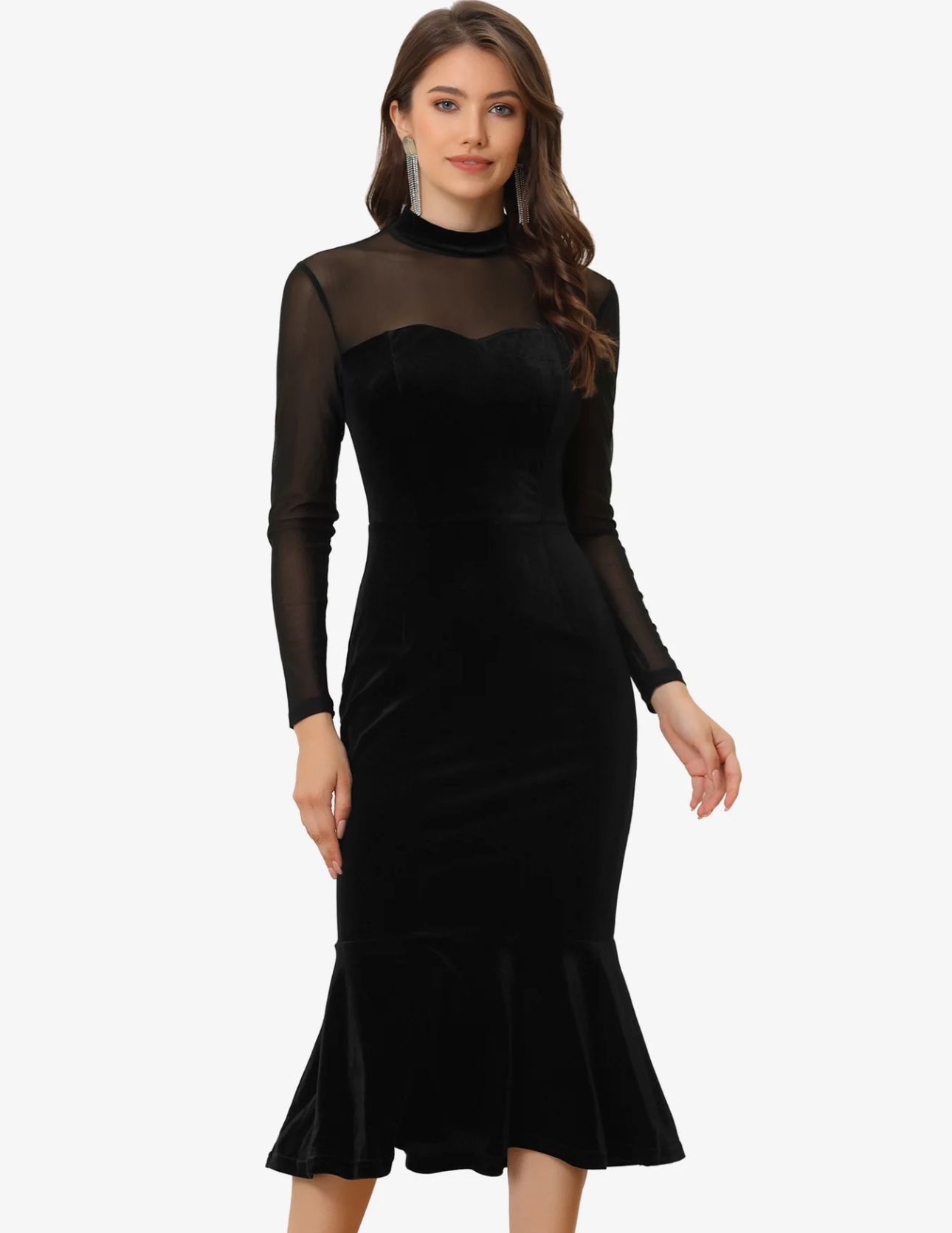 Allegra K Women's Bodycon Elegant Velvet Sheer Mesh Mock Neck Midi Cocktail Dress