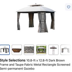 Style Selections 10.8-ft x 12.8-ft Dark Brown Frame and Taupe Fabric Metal Rectangle Screened Semi-permanent Gazebo