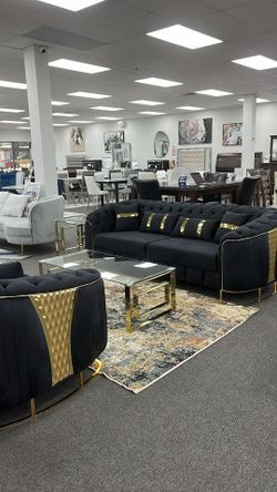 Brand New Royal look Velvet Sofa w/ gold legs & High Curved tufted arms