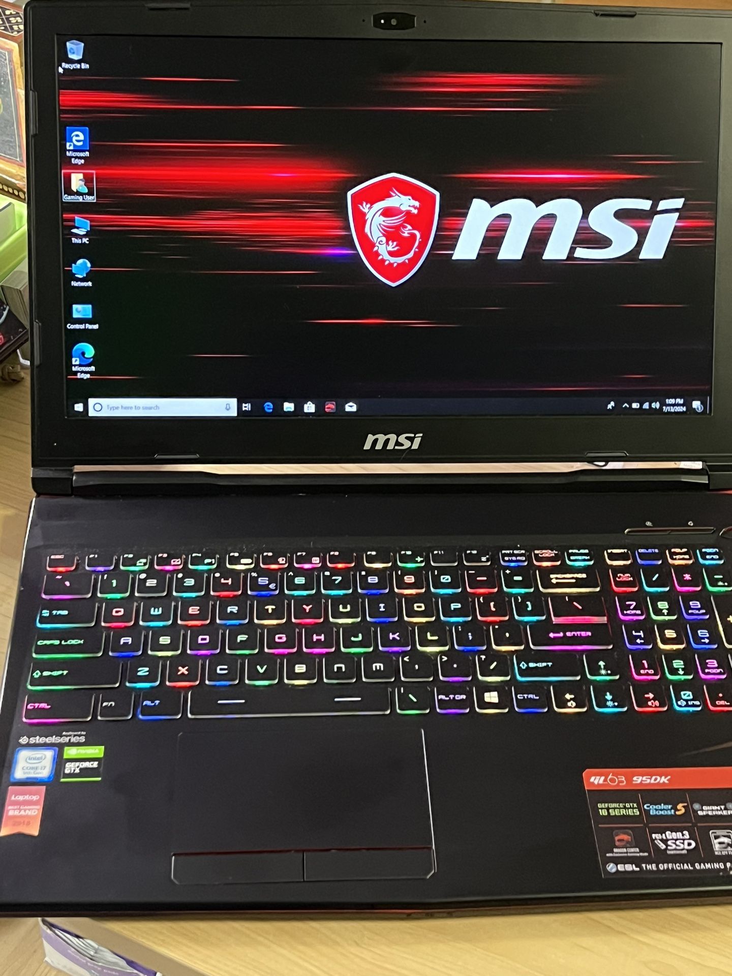 MSI GL63 95DK Gaming Intel Core i7-9th (contact info removed) 16gb Ram 256gb SSD+1TB HDD, Nvidia GeForce GTX 1660 Ti 6GB Graphics, Windows 10 . Charge