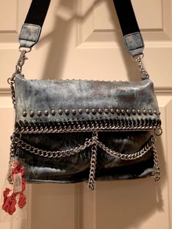 NEW PURSE, WITH TAGS: Never Used. Variations of Blue, with Bling, Including Shiny Metal Chains + Chrome Rivets. Great Fashion Statement/Jeans!