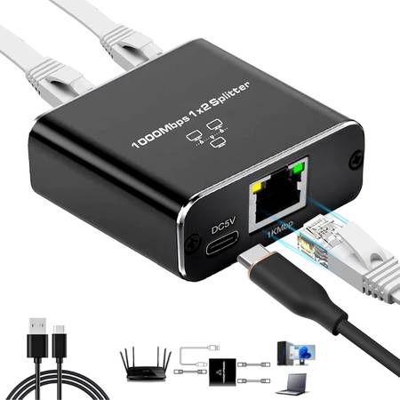 new Gigabit Ethernet Splitter 1 to 2-1000Mbps High Speed RJ45 Port Multiplier with USB-C Power, LAN Network Switch for Cat5/5e/6/7/8 Cables, Plug & Pl