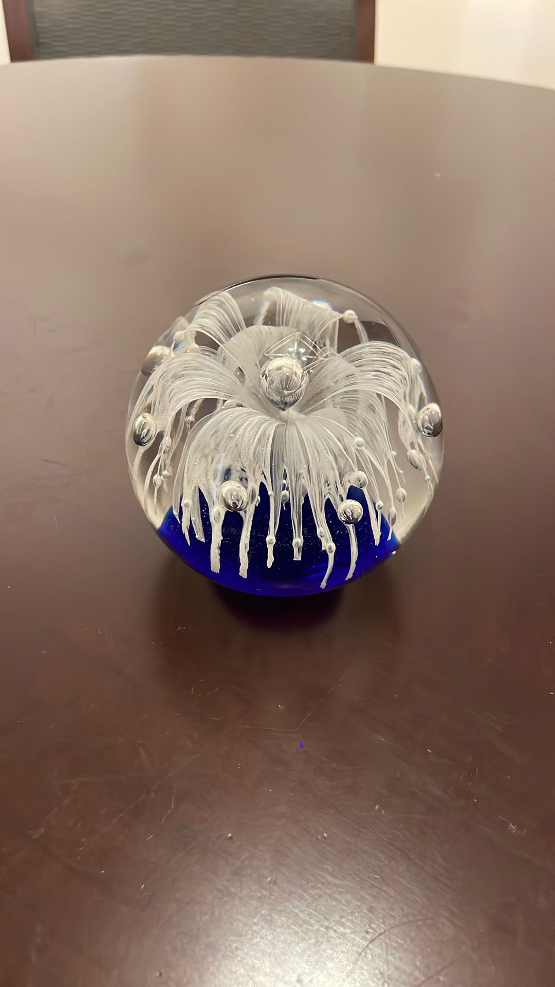 Art Glass Cobalt Blue Clear Paperweight White Medusa Controlled Bubbles 3.5” W