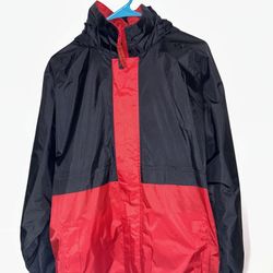 Bass Pro Shops Mens Large Red & Black Lightweight Nylon Rain Coat Jacket Hoodie