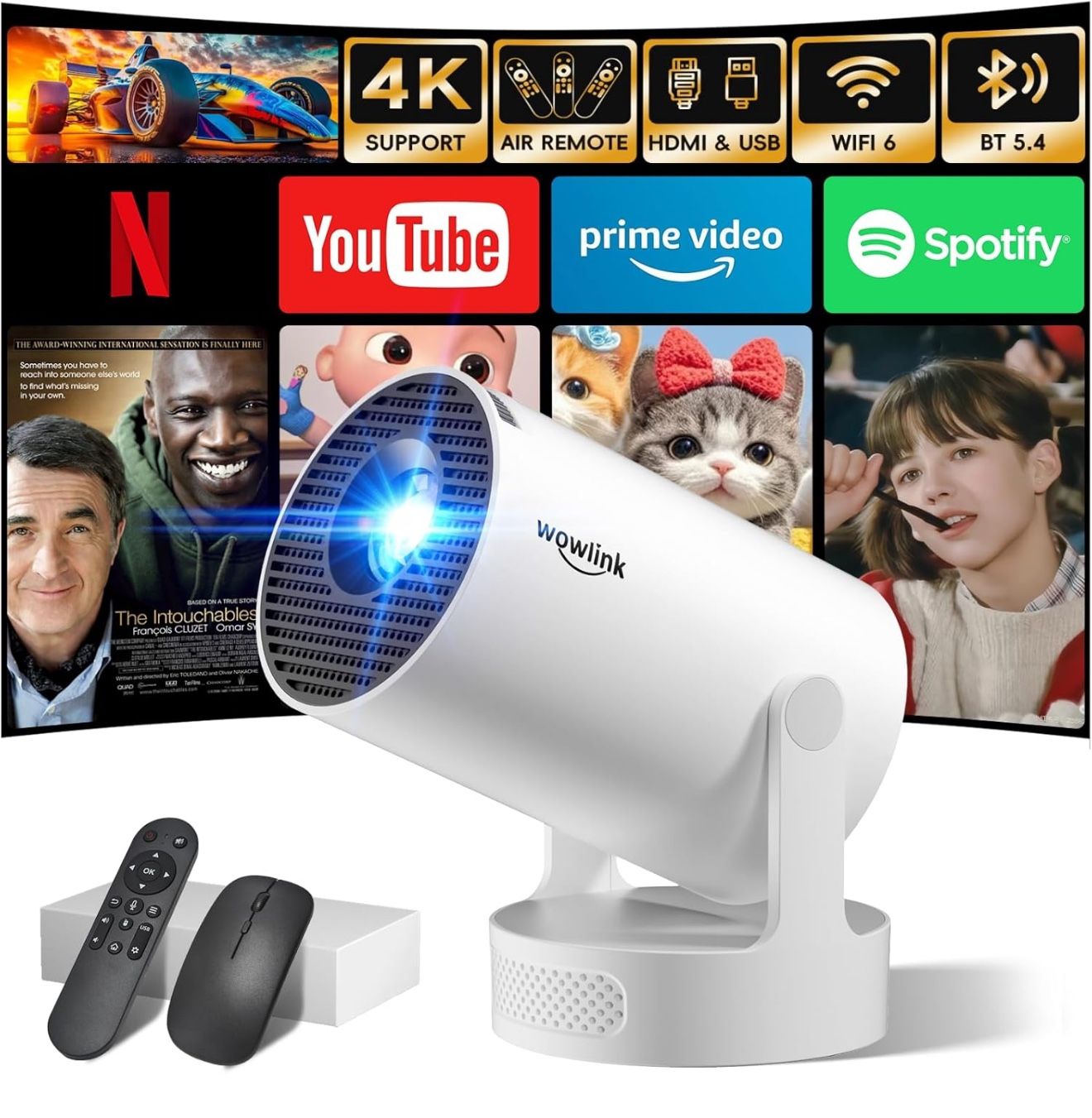 Mini Projector with WiFi 6 and Bluetooth 5.4 Support 4K 1080P Auto Keystone 180° Rotatable Projector Portable Compatibile with HDMI/TV Stick/Memory St