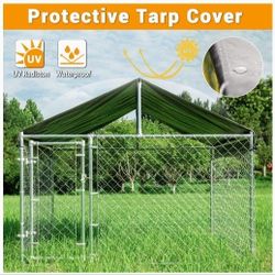 New In Box Large Galvanized Dog Kennel - UV Water Resistant TARP Roof,  easy Assembly 6.6' x 6.6' x6ft Animal Cage 