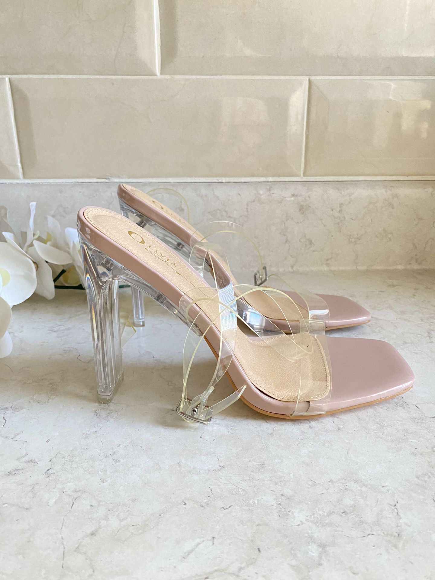 Olivia Jaymes Squared Toe Clear and Nude Heels Size 6