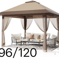 E96🔥13x13ft Popup Hexagonal Gazebo with Mosquito Net, Adjustable Outdoor Hexagonal Canopy with Portable Handbag for Garden/Backyard/Patio - Gray (Kha
