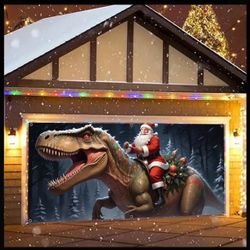 1pc Christmas Large Garage Door Banner,Santa Claus Riding Dinosaur