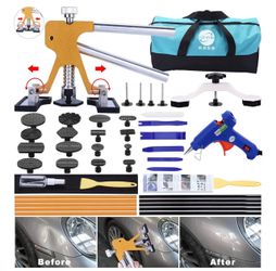 Paintless Dent Repair Tool Dent Puller Kit, Adjustable Width, Pops a Dent Car Dent Removal Kit, Golden Lifter, Bridge Puller& Glue Gun for Automobile