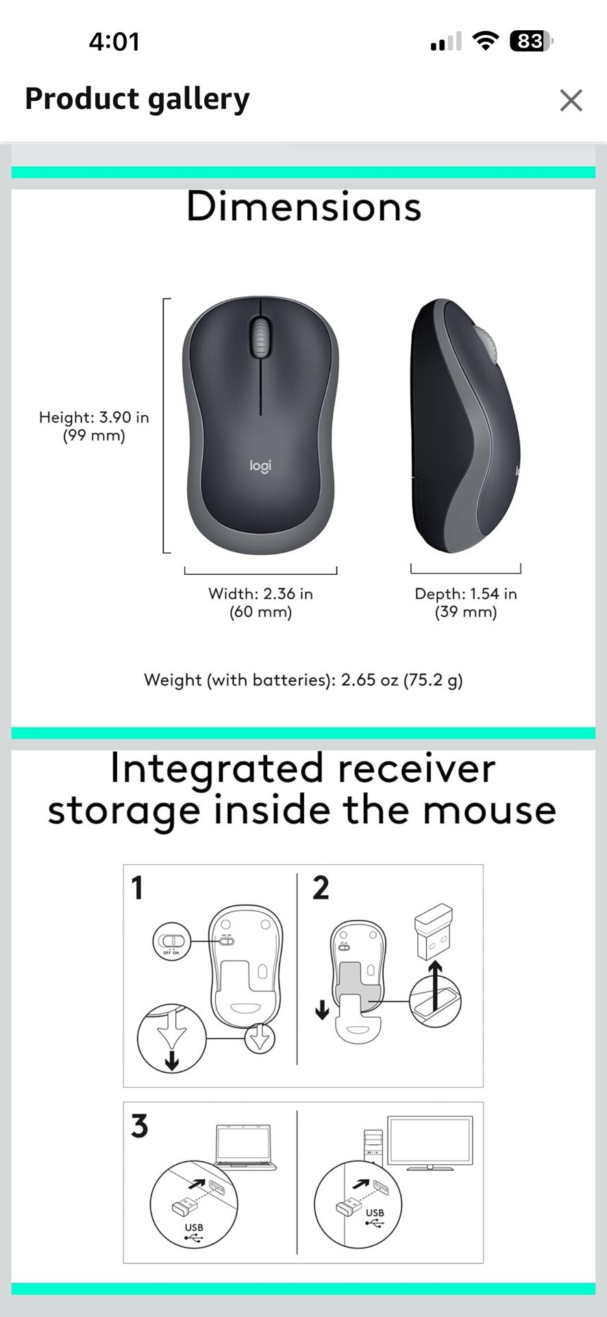 Logitech M185 Wireless Mouse, 2.4GHz with USB Mini Receiver, 12-Month Battery Life, 1000 DPI Optical Tracking, Ambidextrous PC/Mac/Laptop - Swift Grey