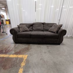 Brown Textured Fabric Three-Seat Sofa with Nailhead Trim
