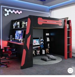 Merax Full Size Loft Bed with Desk and Multi-Storage Shelves, Wooden Gaming Loft Bed Frmae with Light and Charging Station, Space-Saving Bed with Safe
