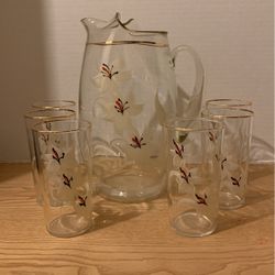 Vintage Glass Pitcher and 6 Glasses with Hand Painted Scenes and Trimmed in Gold  A29