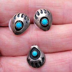3 Vintage Native American Navajo Sterling Silver Turquoise Bear Paw Earrings