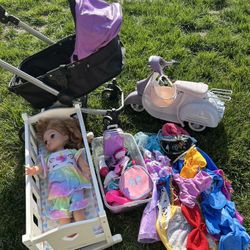 Doll Stroller, Crib, Scooter, Clothes And Accessories