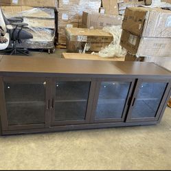 Four-Door Sliding TV Stand with Tempered Glass and Solid Wood Multilayer Construction Storage Entertainment Cabinet 66.1''L x 15.7''W x 24.8''H Deep B