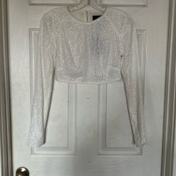 Revolve White Sequin Long sleeve Crop Top Shirt