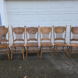 Solid Oak Farmhouse Dining Chairs Set of 6 – Carved Backs – Excellent Condition VINTAGE