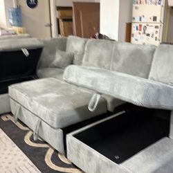 New Grey Or Black Corduroy Sectional With Pullout Bed / Chaise Storage.  92x120x61.  Free Delivery!