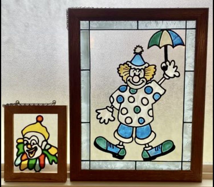 Set of 2 Vintage Suncatcher Stained Glass Wooden Frame Happy Clown.