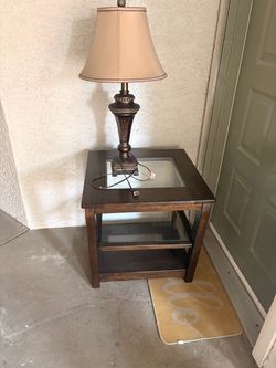 Dark Wood End Table with Glass Shelves
