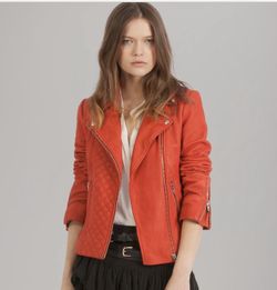 One Of A kind Maje Red Quilted Leather Soft “Dobby” Jacket Vintage wash with Silver Hardware Size 36