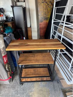 Like new metal rolling kitchen cart mobile island or microwave stand w/top solid wood cutting board.