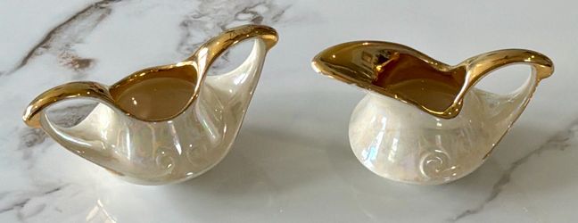 1940's Creamer and Open Sugar Bowl with 22 Karat Gold and iridescent lusterware finish Excellent condition-Vintage!
