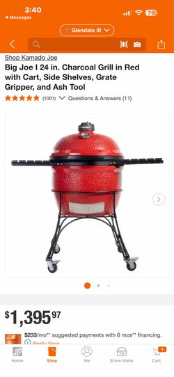 Shop Kamado Joe Big Joe I 24 in. Charcoal Grill in Red with Cart, Side Shelves, Grate Gripper, and Ash Tool