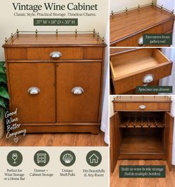 Vintage Wood Wine Cabinet with Brass Gallery Rail