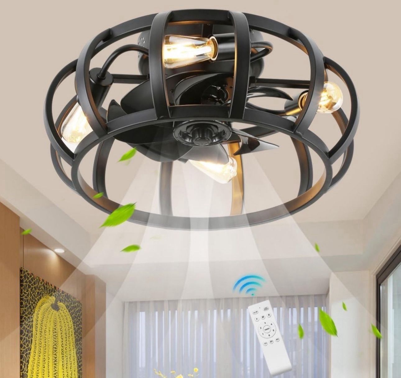 Flush Mount Caged Ceiling Fan with Lights, 18 Inch, 6 Speeds, Rustic Low Profile Ceiling Fan with Light and Remote, Small Bladeless Ceiling Fans for F