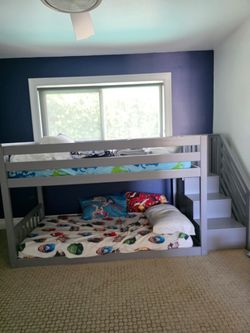 Gray Wood Twin Loft Bunk Bed with Stairs