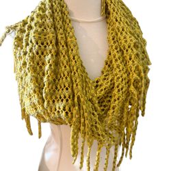 Unique Vintage Mustard yellow knit Crochet fringe snood Scarf