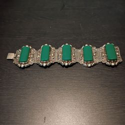 Vintage Mexican Sterling Silver Green Onyx Panel Link Bracelet