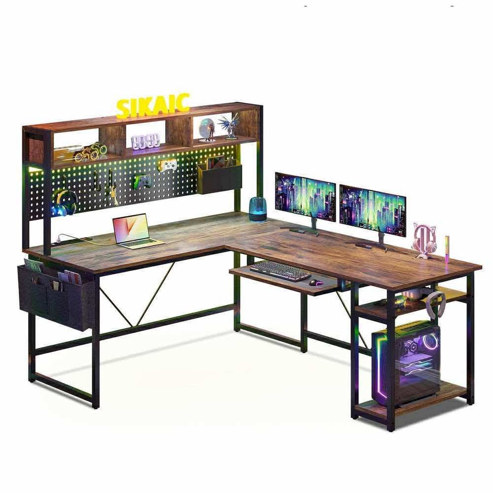 L Shaped Reversible Gaming Desk With LED Lights Rustic Brown