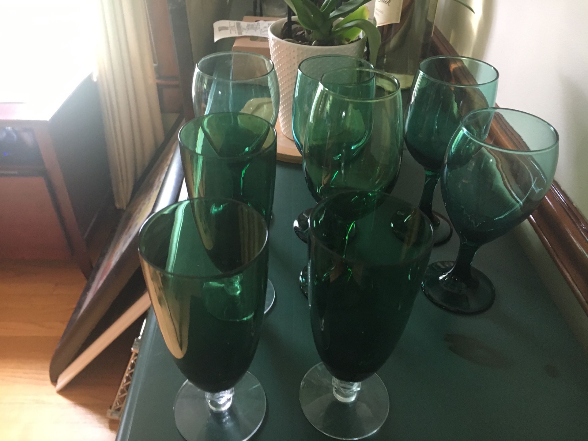 Wine glasses (8) assorted green glass