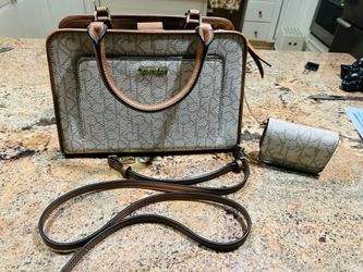 Calvin Klein CK Logo Beige/Brown Satchel Top Handle Zip Bag w Wallet Strap