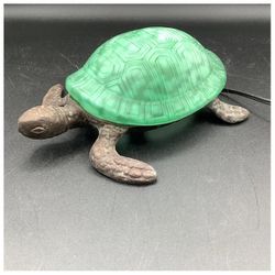 Tiffiney Vintage Bronze Turtle Table Night Light with Green Glass Shade  